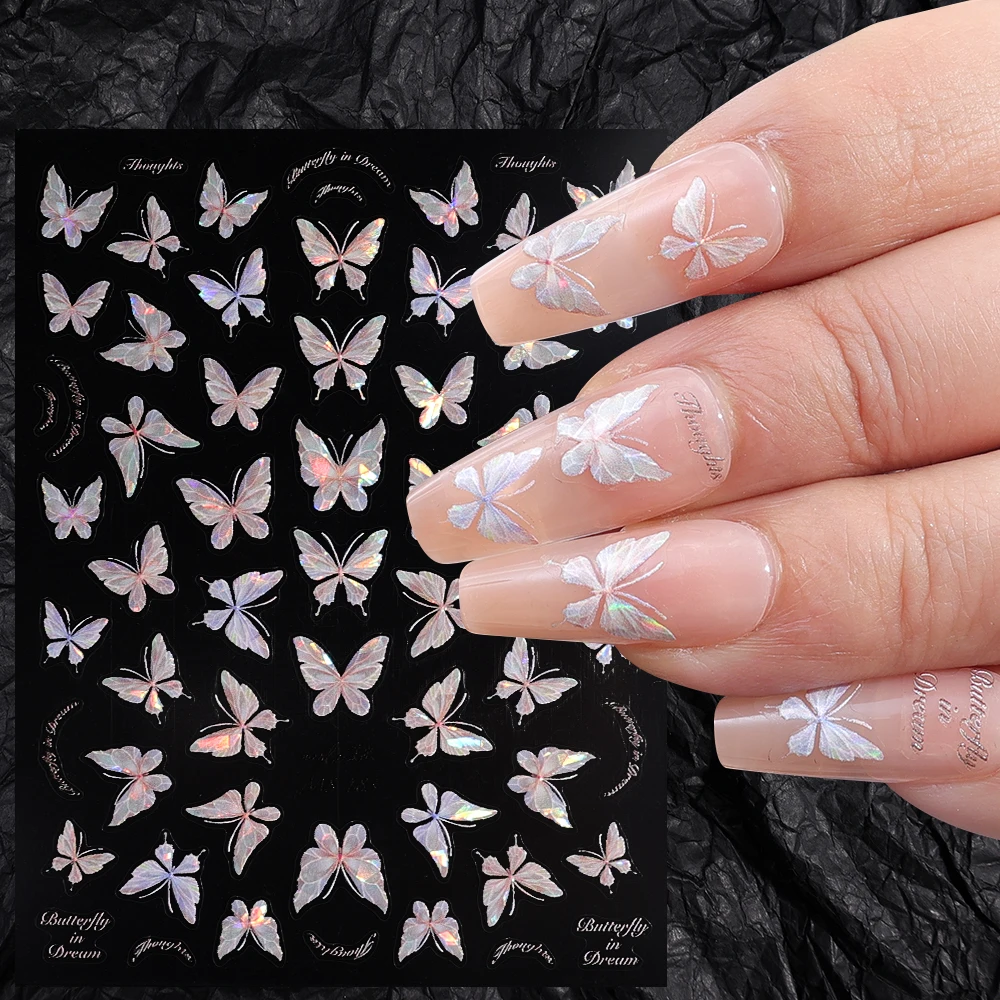 Aurora Shell Borboleta Nail Art Sticker, DIY Manicure Acessório, Luz Rosa, 3D Decoração Design, 1/3 pcs