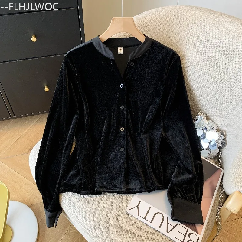 Ano novo natal bonito preto veludo topos blusa mulher outono inverno básico elegante senhora retro vintage botão superior camisas bonito
