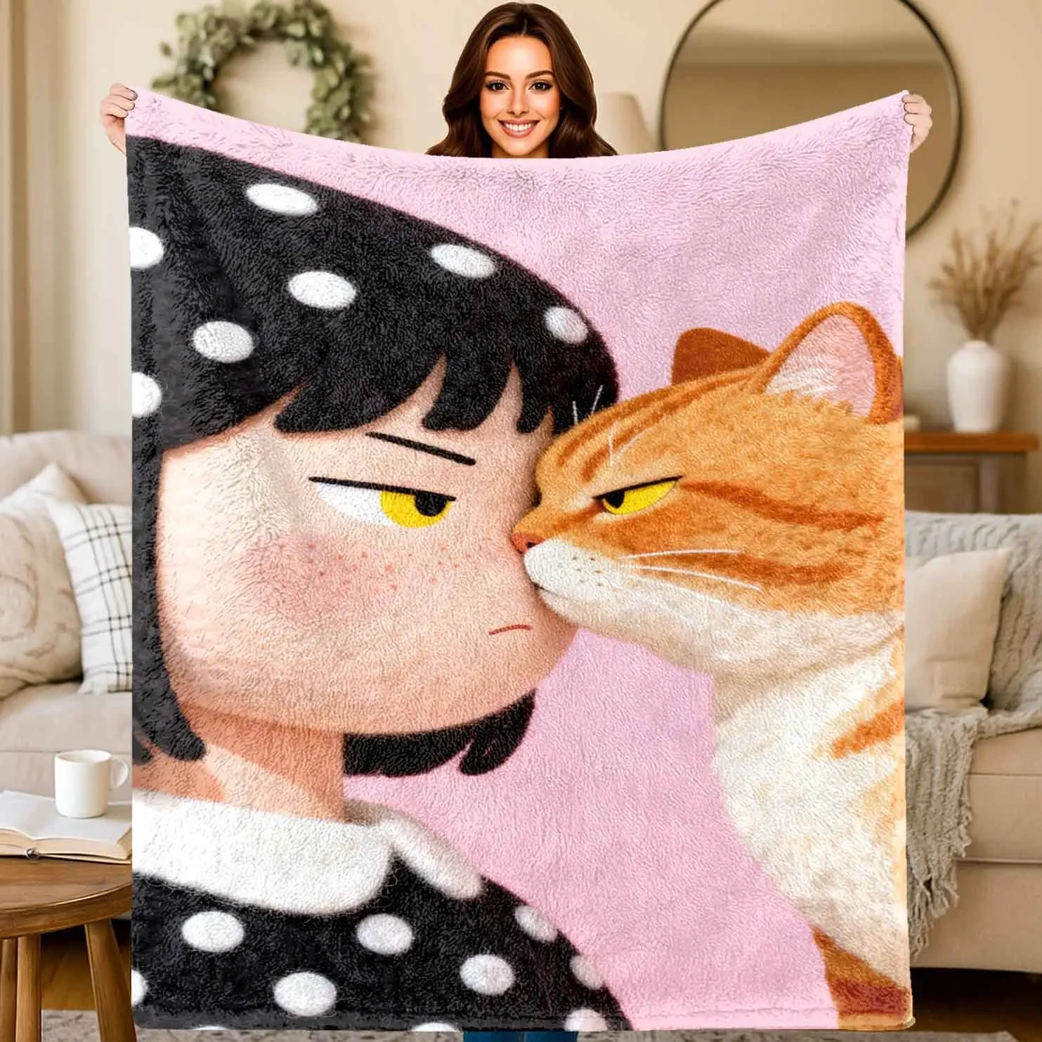 Fluffy Cat Girl Pair Throw Blanket Large Couch Picnic Boho Decor Bed Sheet Gift
