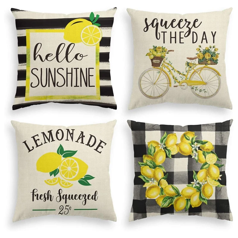 Hello Sunshine Throw Pillow Cover, Buffalo Plaid Lemon Wreath Bicycle Squeeze The Day Cushion Case For Sofa Couch