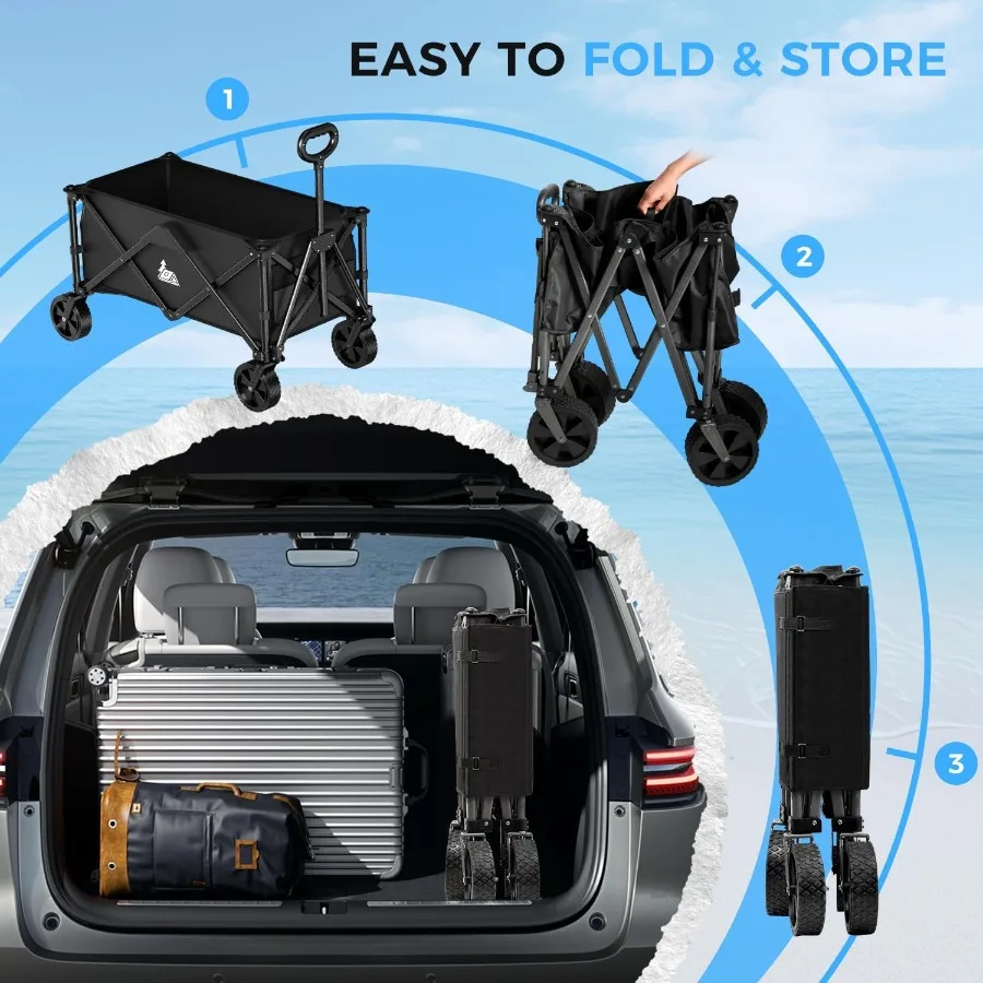 Carrinhos de vagão dobráveis com carrinho de compras dobrável de grande capacidade com bolsos laterais para vagões de praia utilitários ao ar livre resistentes