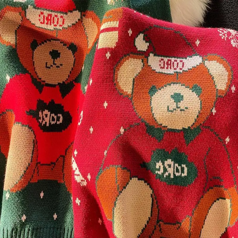 Harajuku Christmas Red Green Vintage Bear Kawaii Woman Sweaters Loose Winter Tops Big Size Couples Streetwear Aesthetic Sweater