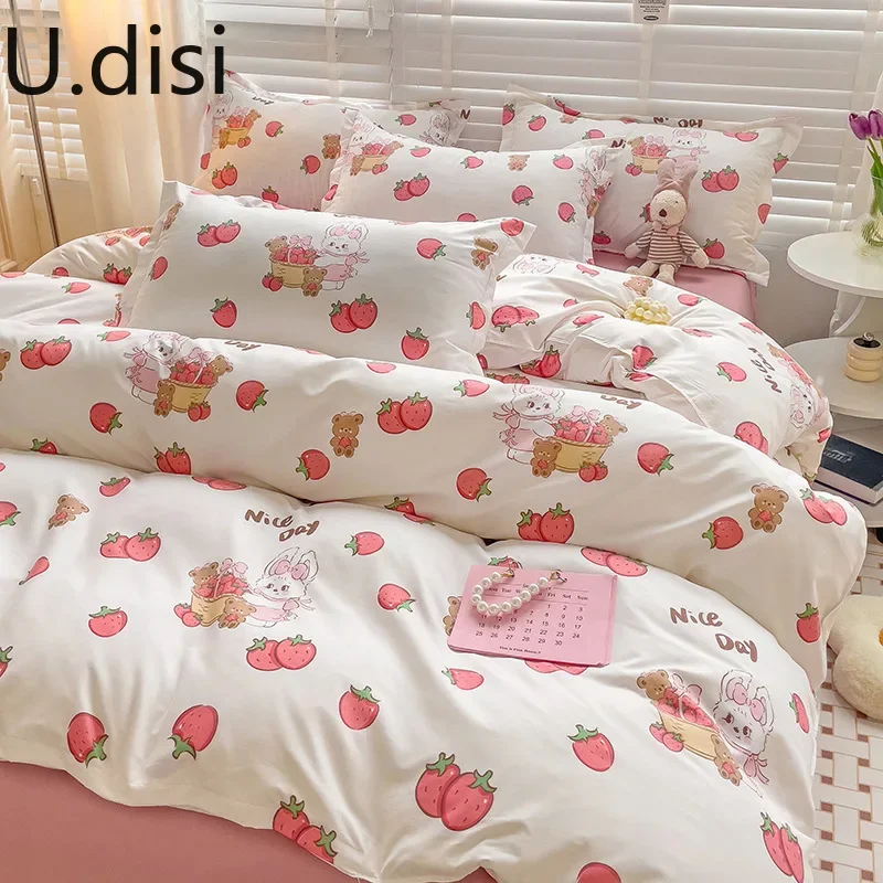 

Udisi Cute Cotton Bed Linen Ins Style Cartoon Animals Duvet Cover Set Washable Soft Comforter Polyester Single Double Queen Twin