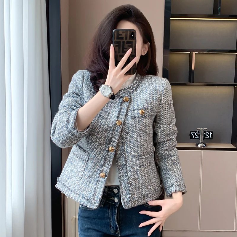 New Luxury High End Woolen Women's Jacket Small Fragrance O-neck Long Sleeve Winter Downs Inner Elegant Tweed Coat OL Outwear