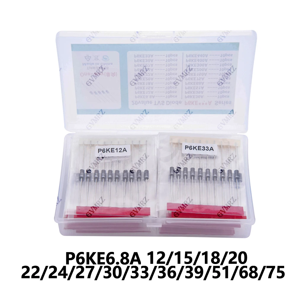 Kit de transistores TVS, 20 valores * 10 unidades, P6KE6.8A 12/15/18/20/22/24/27/30/33/36/39/51/68/75A/CA, diodo TVS 12A 15A 18A 20A, 200 Uds.