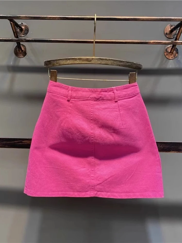 로즈 레드 스플릿 데님 스커트 하이웨이스트 A라인 힙 백 스커트 캐주얼 만능 숏 스커트 2025 여름 신상 여성 의류