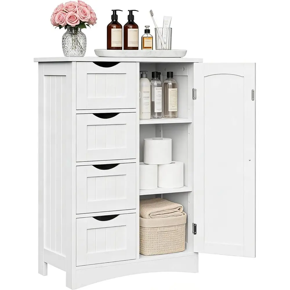 

White 4-Shelf Bathroom Floor Storage Cabinet with Cupboard for Entryway and Living Room