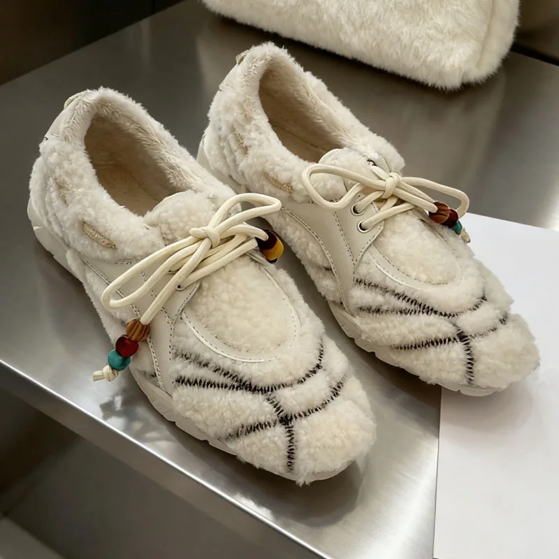 

High quality wool flat bottomed round toe lace up casual tennis shoes with fur integrated derby sports women's shoes