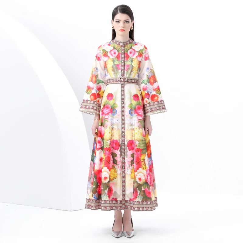 

Early Spring 2025-Painted Style Retro Stand Collar Single-Breasted Printed Wide Swing Long Dress