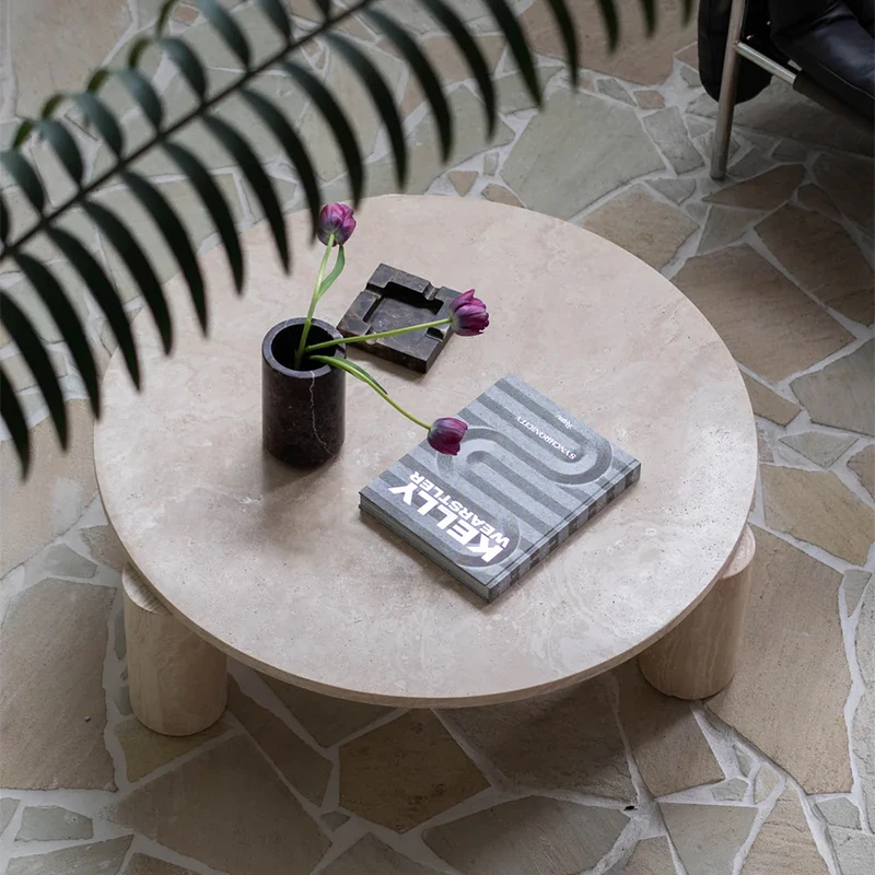 #Luxury Natural Travertine Marble Coffee Table Round Stone Tabletop Tri Pillar Base Elegant Villa Living Room Furniture