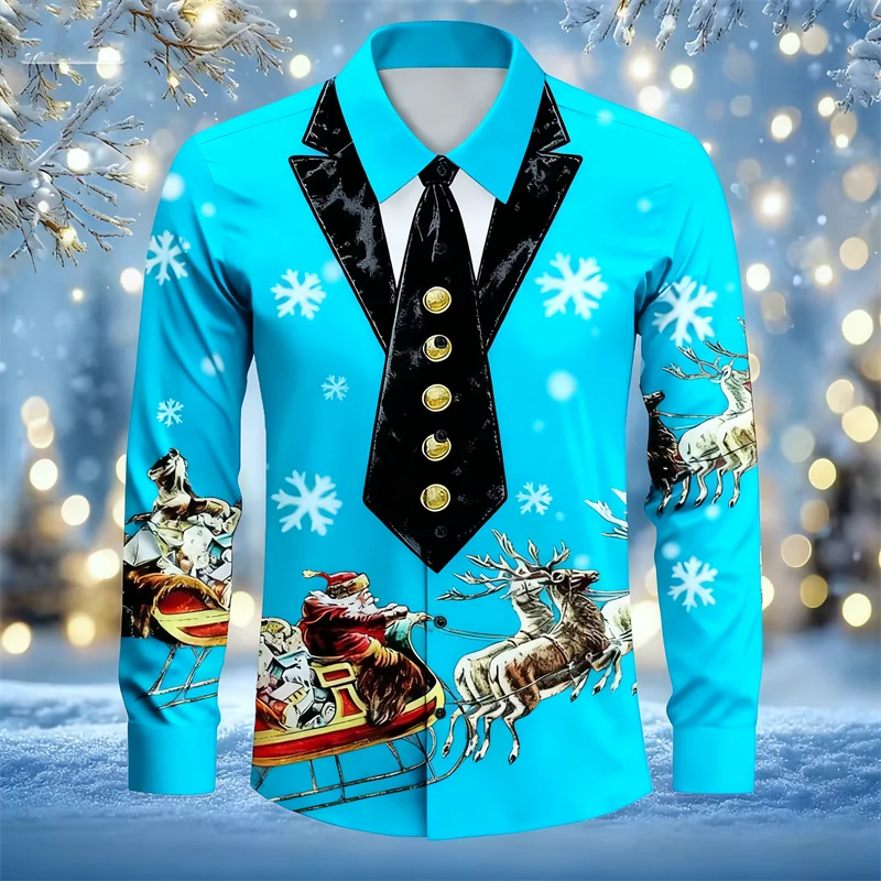 New men's shirt Christmas tree snowflake pattern men's top fashionable casual style lapel long sleeved fashionable top