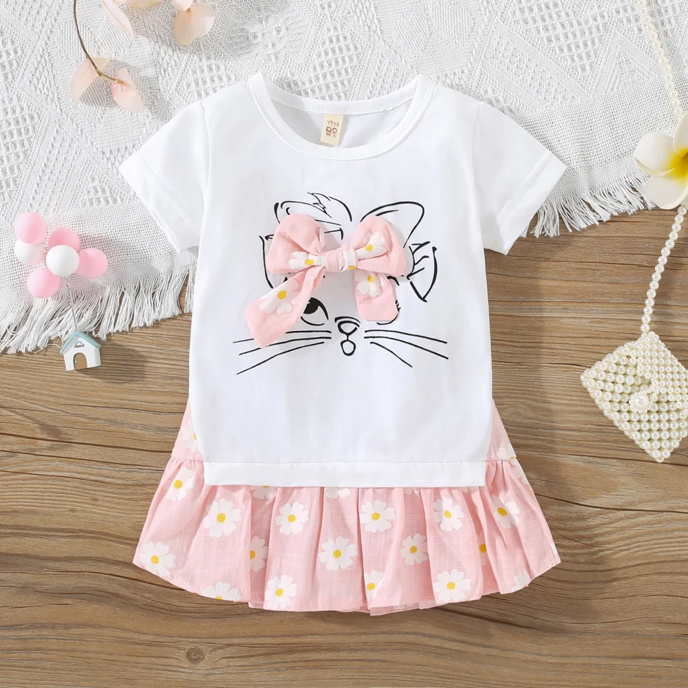 Summer girls\' dress baby bow cat print short sleeved patchwork dress girls\' casual daily clothing