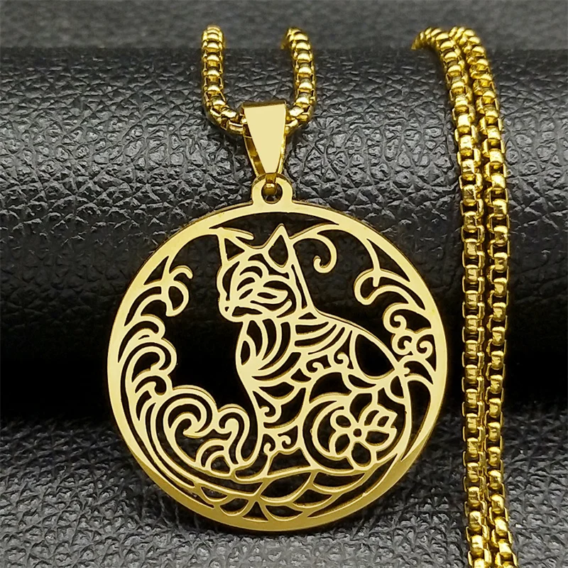 New Hip-Hop Style Stainless Steel Cat Personalized Pendant Necklace For Men Women Black Hollow Flower Animal Jewelry Gifts