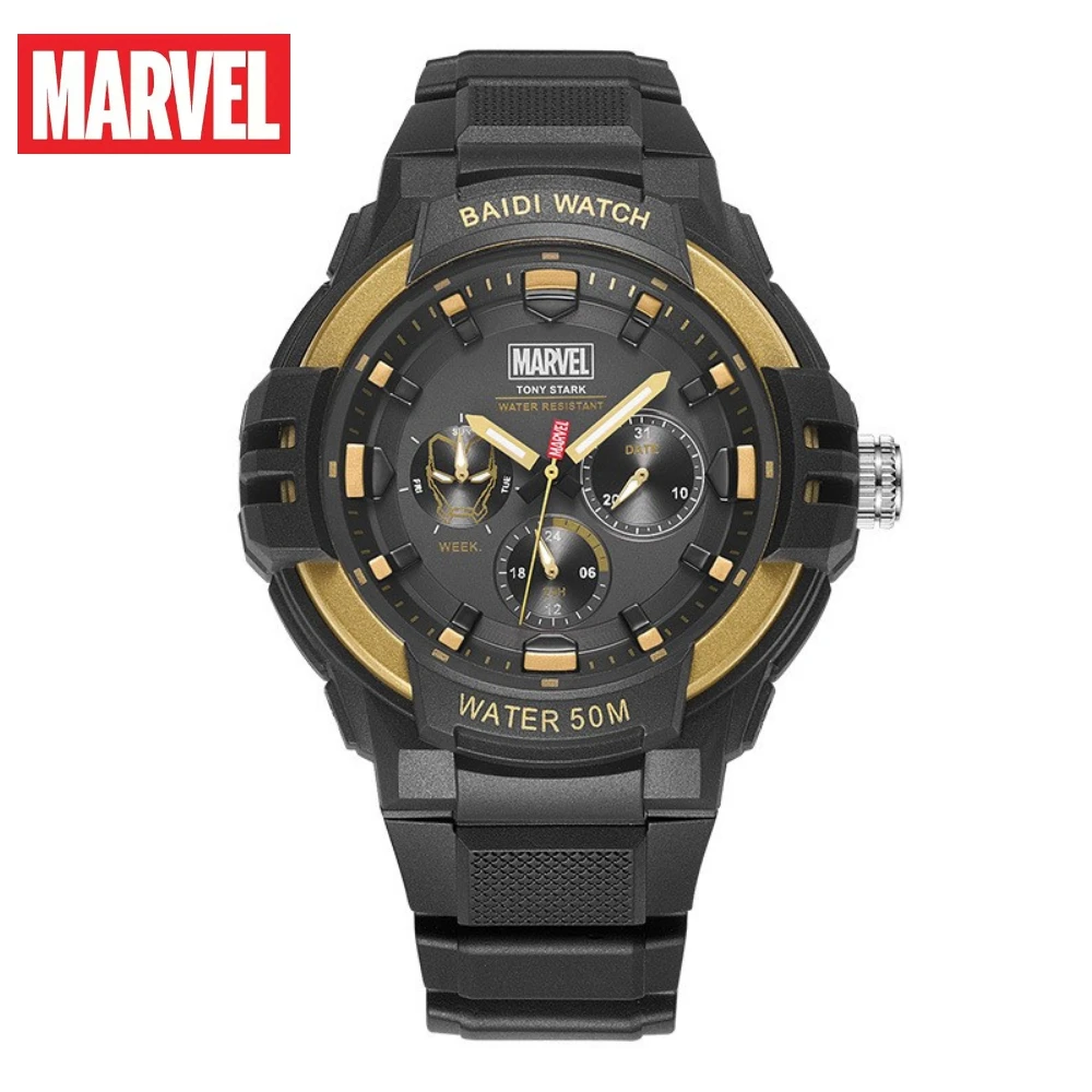 Relógio eletrônico Marvel Iron Man masculino, cronógrafo de seis agulhas, luminoso, relógio esportivo, disney, 50m à prova d'água