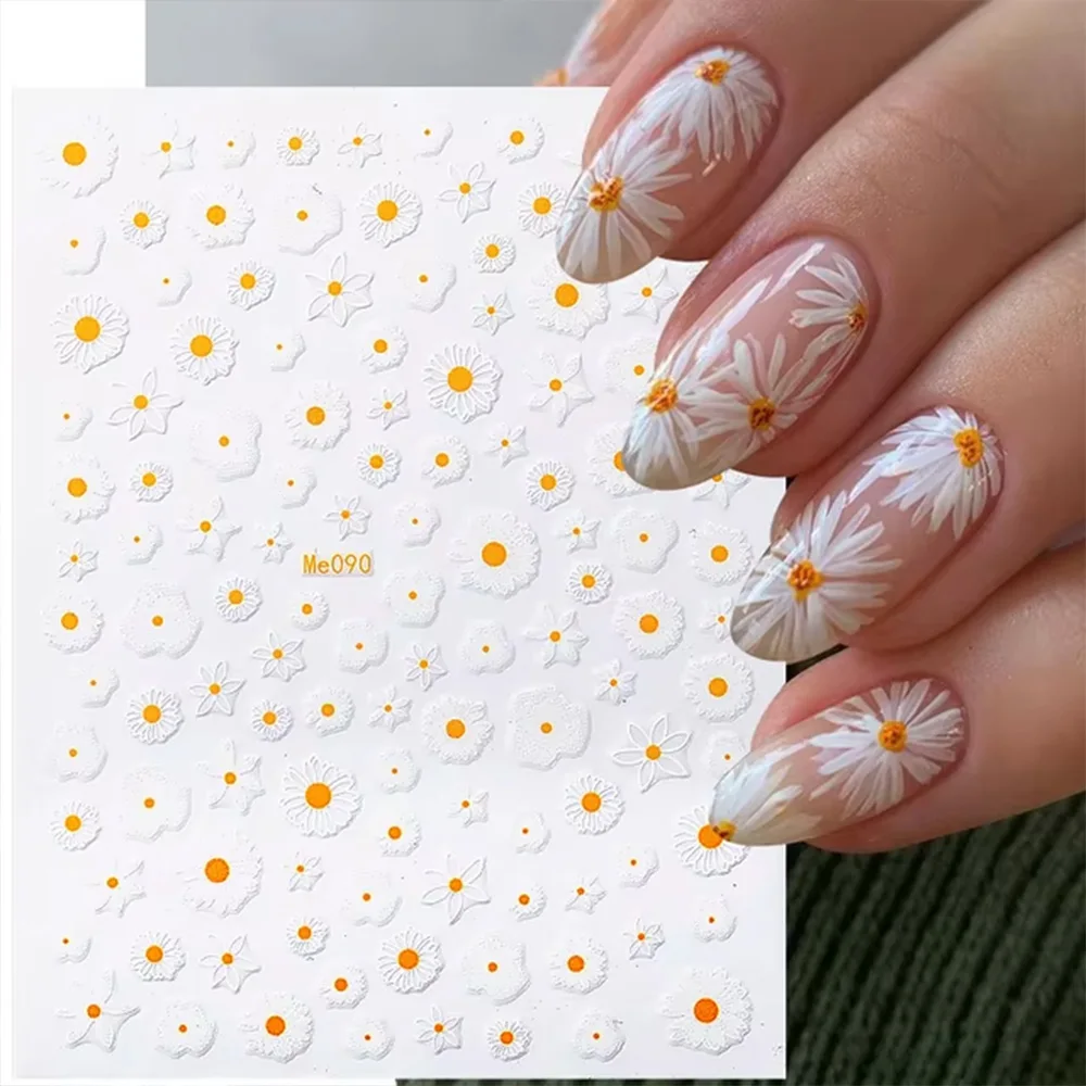 3D Nail Art Flower Daisy Stickers White Florals Nail Sliders Decals Kawaii Petals Flowers Back Glue Nail Sticker DIY Decoration%