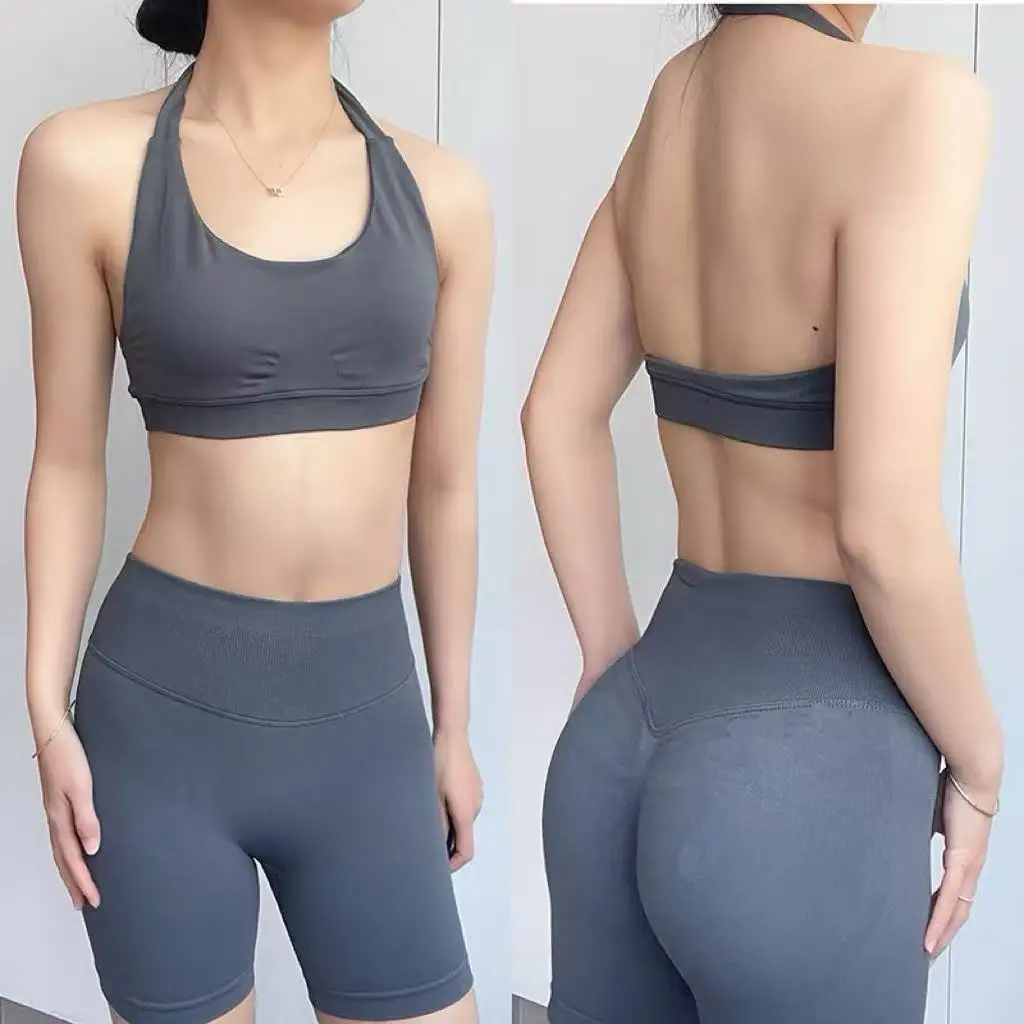 

Sexy Halter Neck Beautiful Back High Waist Peach Sports Bras Shorts Suit Pilates Gathering Yoga Vest Training Fitness Bra Sets