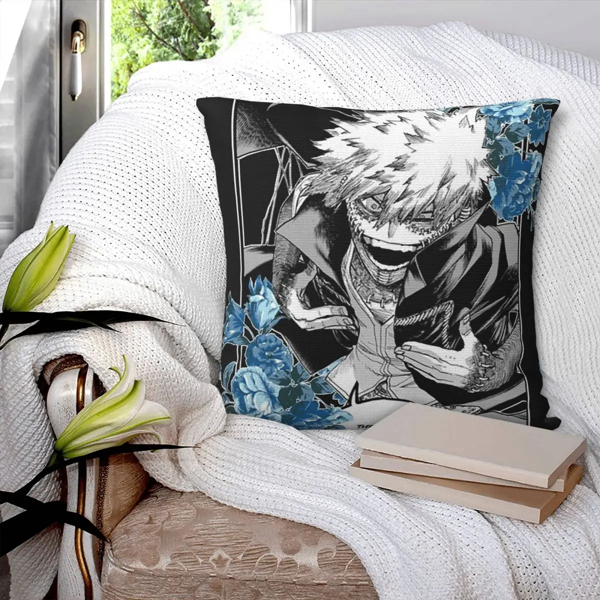 

My Hero Academia Dabi Anime Blue Flowers Square Pillowcase Pillow Cover Cushion Decor Comfort Throw Pillow for Home Living Room