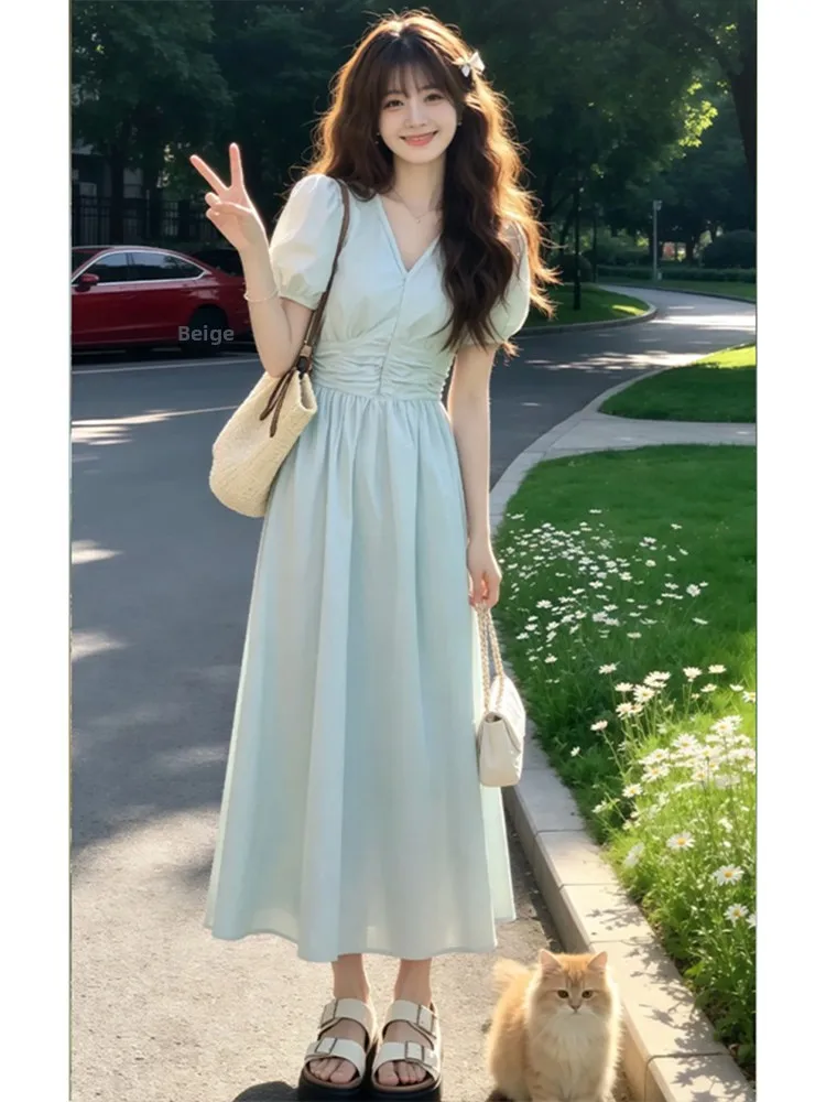 

Blue V-neck Bubble Sleeve Dress Women's Summer New Fashion Elastic Waist Long Skirt Vintage Style Casual High Waist A-line Skirt