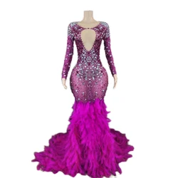 Rhinestone Women Sexy Luxurious Crystals Feather Trail Transparent Dress Birthday Evening Prom Gown Club Dress Wear