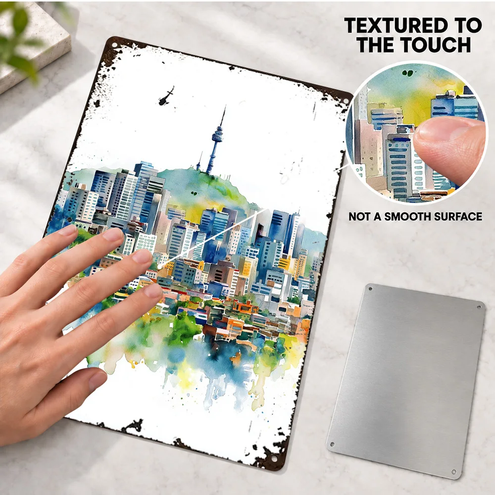 Seoul Cityscape Watercolor Painting Textured Metal Poster Bold Design Home Office Wall Art Personalized Aluminum Sign Fan Gift