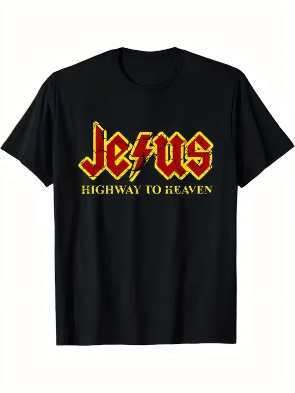 Jesus Rock Band Style Graphic T-Shirt Highway To Heaven Funny Cotton Short Sleeve Unisex Tee Religious Music Fan Gift Apparel