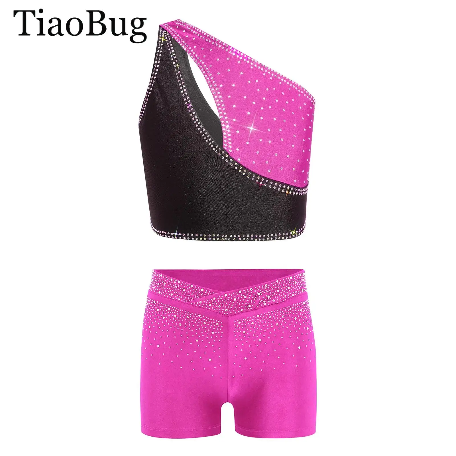 Kids Girls Ballet Gymnastics Dance Outfit One Shoulder Sleeveless Rhinestones Crop Top +Shorts Sports Set Figure Skating Costume