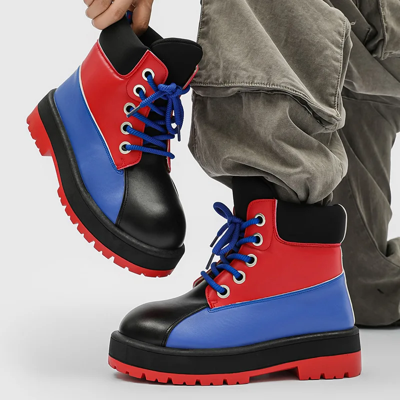 

Fashion Trend Design Men Ankle Boots Round Toe Lace Up Street Style Young Man Mixed Colors Short Leather Boots Men Casual Shoes