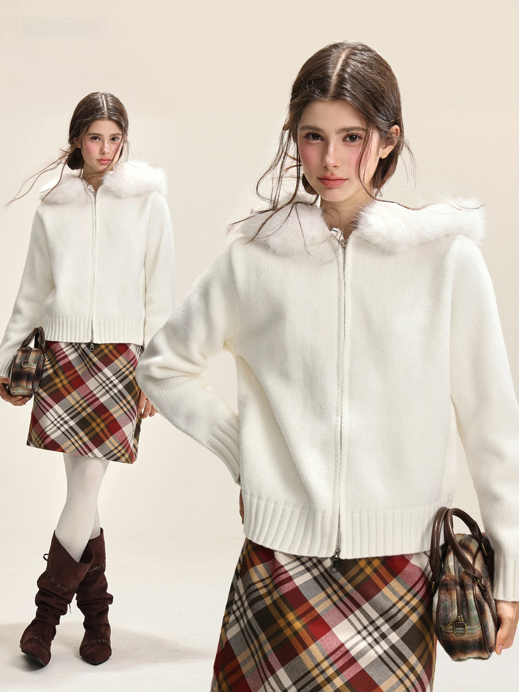 

Loose Knitted Zipper Sve Long Coat for Women Soft Korean Sle Pure Color Hooded Open Cardigan Furry Autumn Outerwear