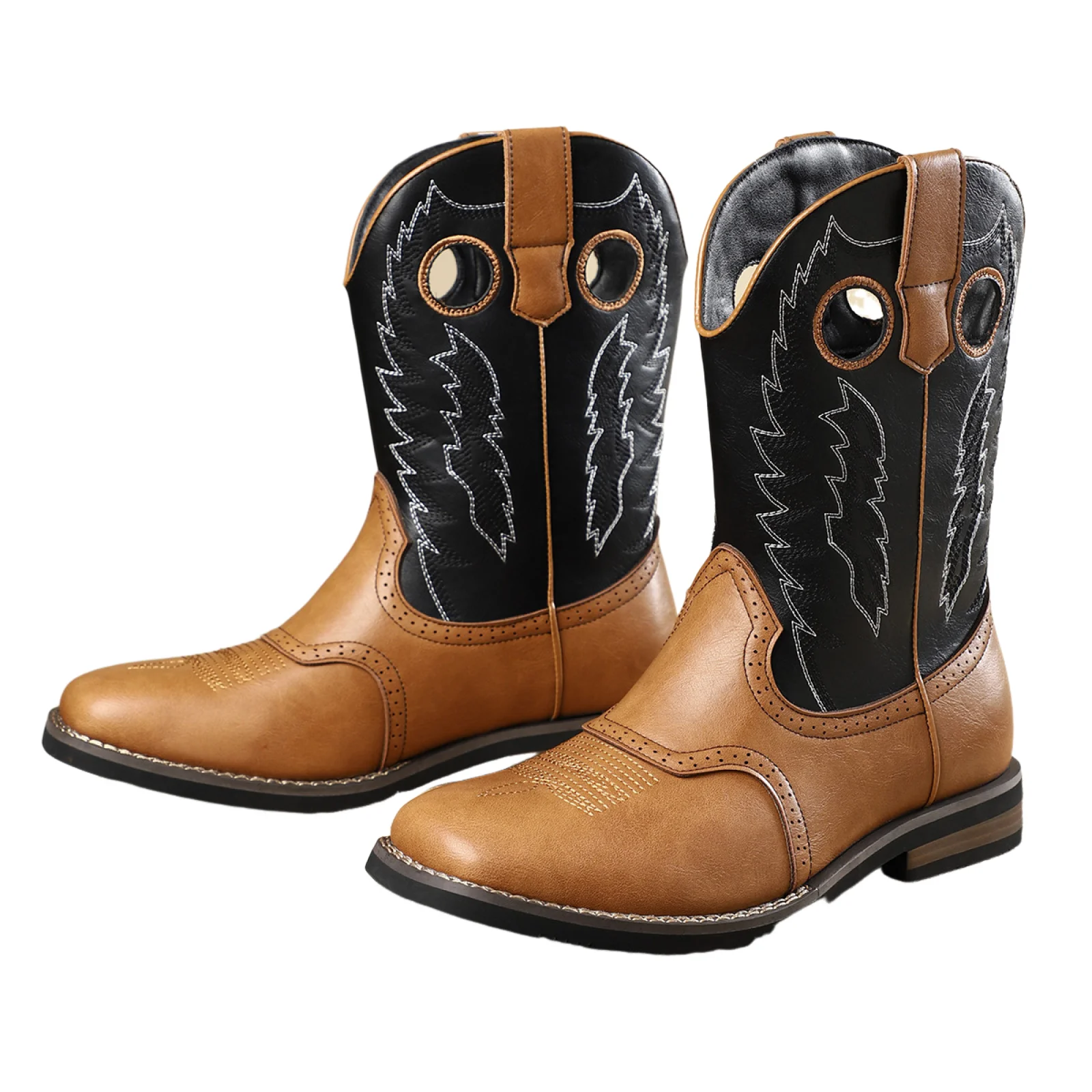 Men Western Cowboy Boots Round Toe Embroidered Calf Boots Retro Casual Riding Boots Thick Heel Multi-Colored 5