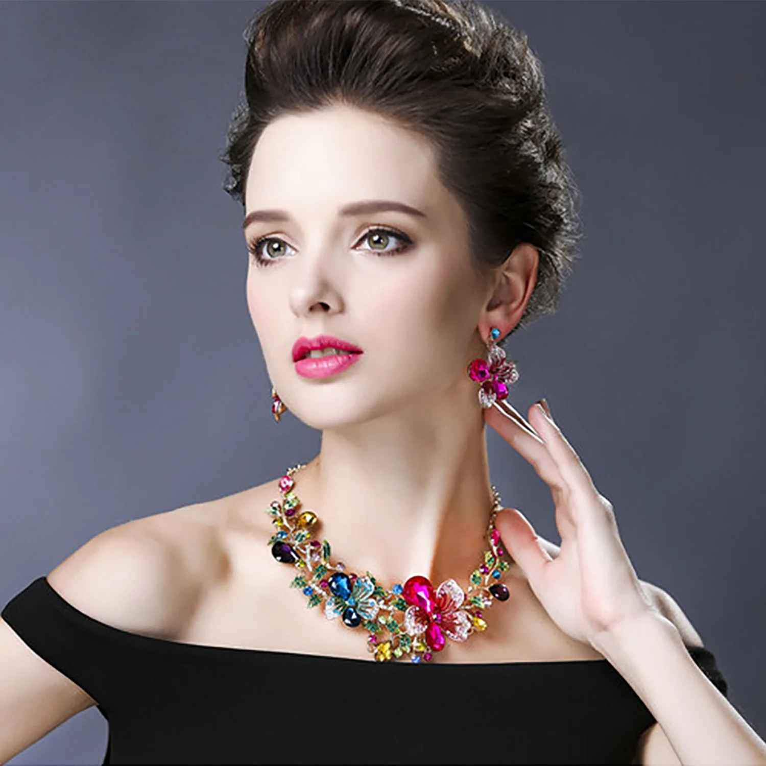 Fashion Bauhinia Flowers Crystal Jewelry Set Multicolor Earrings with Matching Necklace Wedding Necklace Women Jewelry