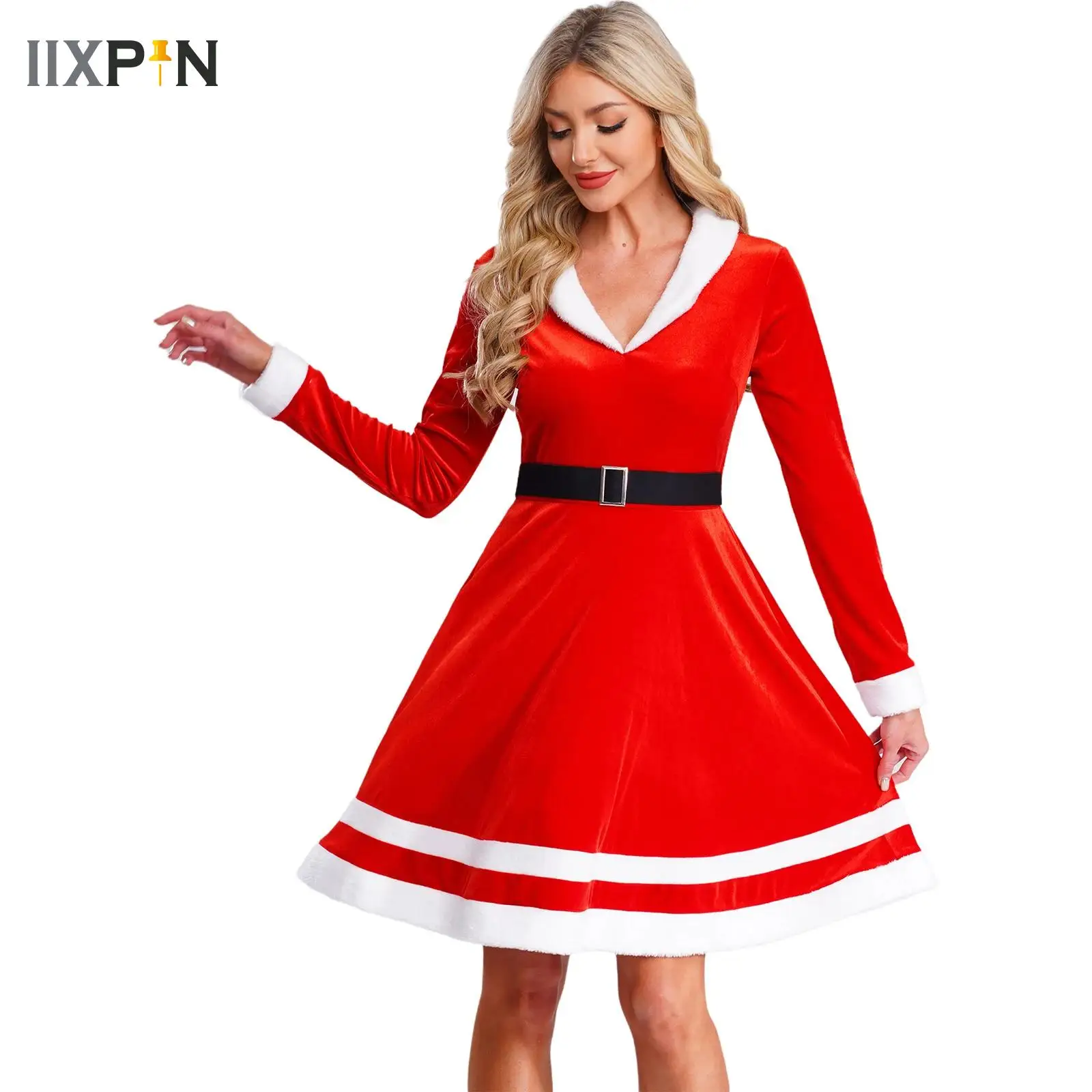 

Santa Claus Costume Women Christmas Dress Red Long Sleeve Cinched Waist Velvet Elf Dress for Festival Parties Stage Performance