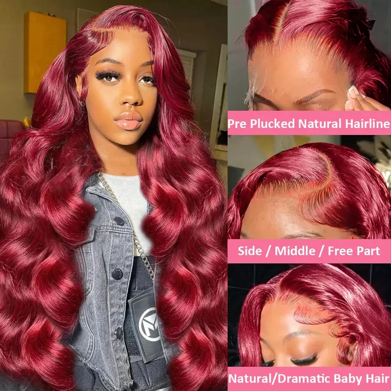 30 40 Inch 99j burgundy 250 Density 13x4 Lace Front Human Hair Body Wave Red Colored 13x6 Lace Frontal Wig For Women