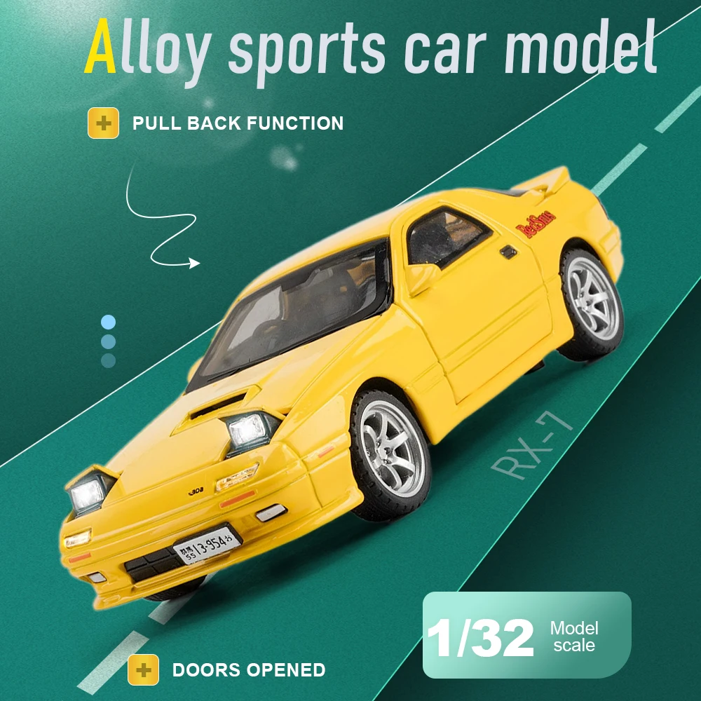 

1:32 Scale RX-7 MX-5 Car Model Toy Doors Opened Pull Back Miniature Models Alloy Body Rubber Tires Vehicle Bedroom Decorations