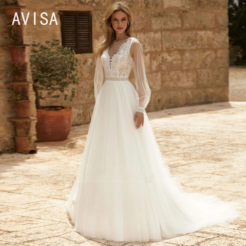 Semplice abito da sposa con scollo a v a-line Tulle pizzo Applique principessa abiti da sposa manica lunga cerniera senza schienale vestido de noiva