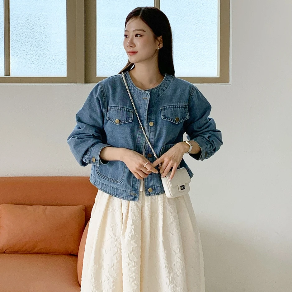 Botvotee Denim Jean Jacket for Women Vintage Pocket O Neck Long Sleeve Button Dowm Jeans Jackets Fall Spring Outwear