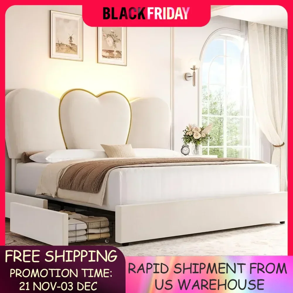 

King LED Bed Frame with 4 Storage Drawers, Modern Velvet Upholstered Platform Bed with 55" Tall Heart Shaped Headboard