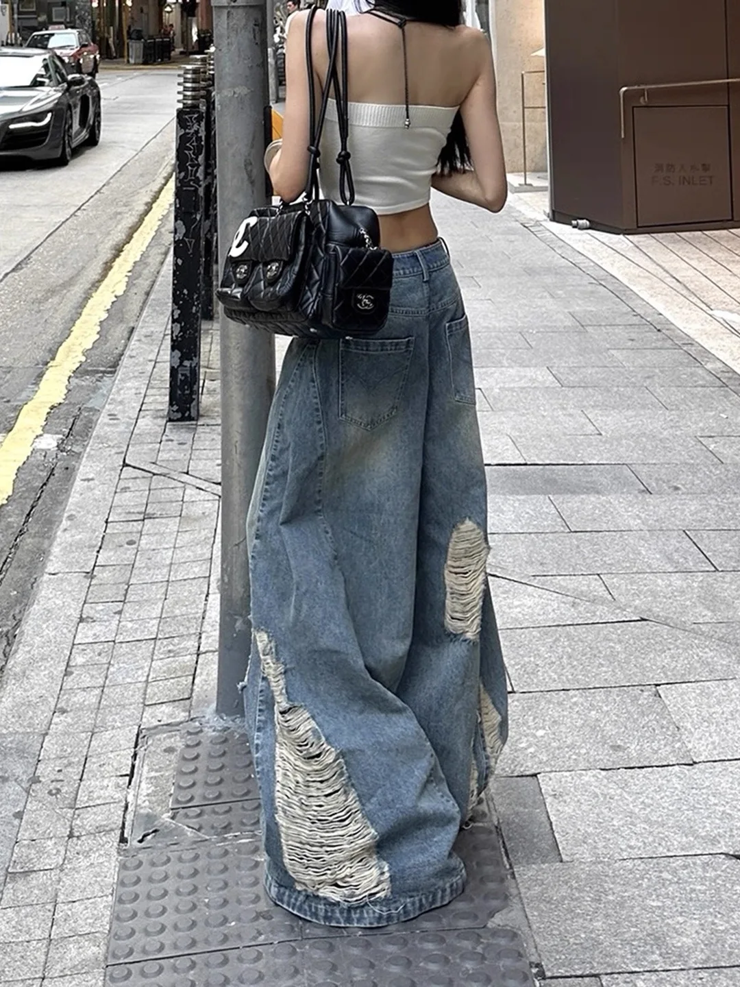 Y2K อเมริกัน Retro ผู้หญิงเอวสูง Ripped กางเกงยีนส์ฤดูร้อนหลวมขากว้างความยาวกางเกง High Street Slimming