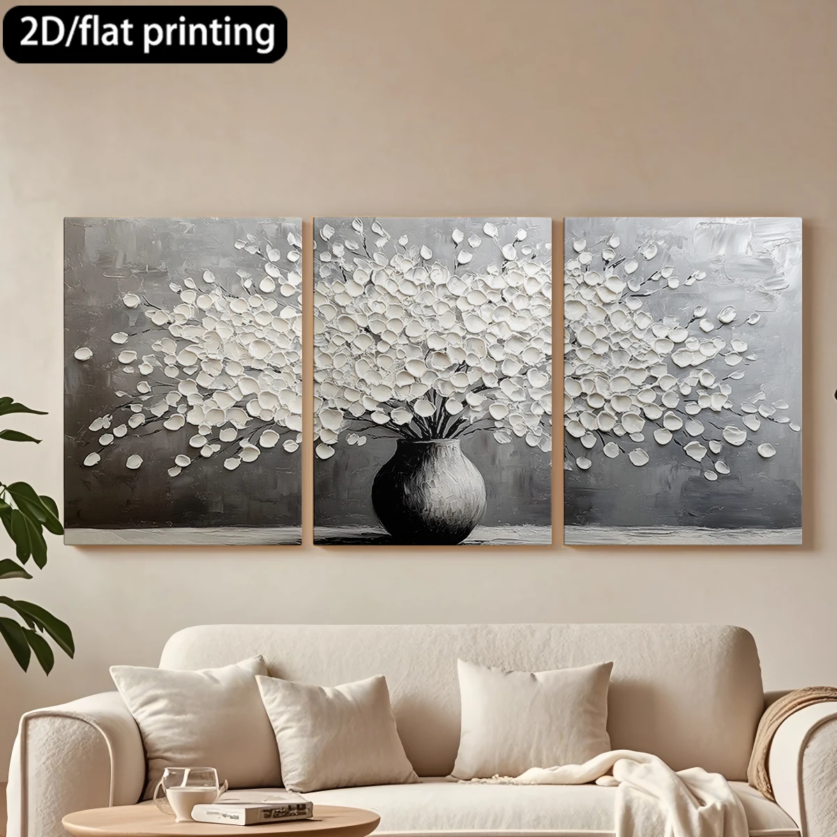 

2D плоская печать, набор из 3-х картин на холсте в деревянных рамах, декоративная картина с изображением вазы с белыми лепестками. Украшение для коридора и спальни.