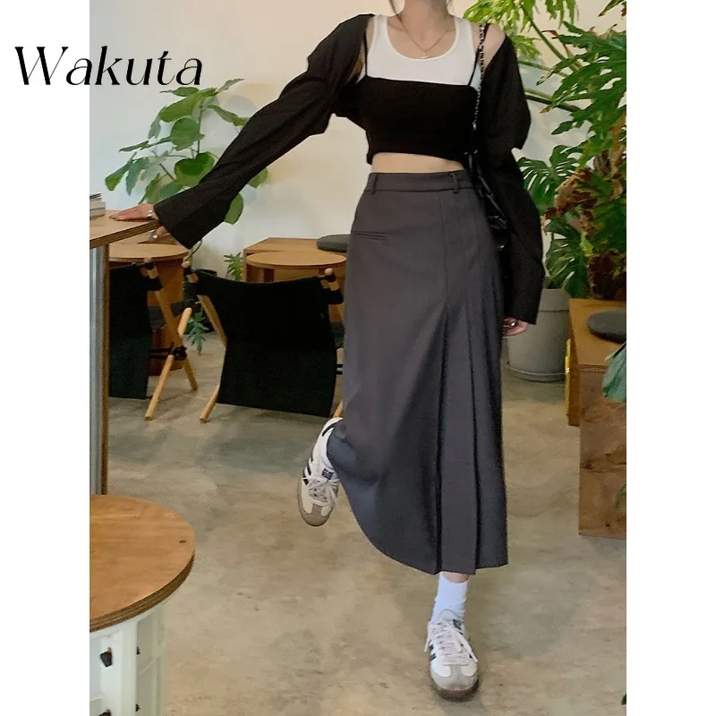 WAKUTA Ladies Blazer Skirts Pleated High Waist Solid Color Long Skirt Korean 2024 New Autumn Vintage A-line Females Faldas Mujer