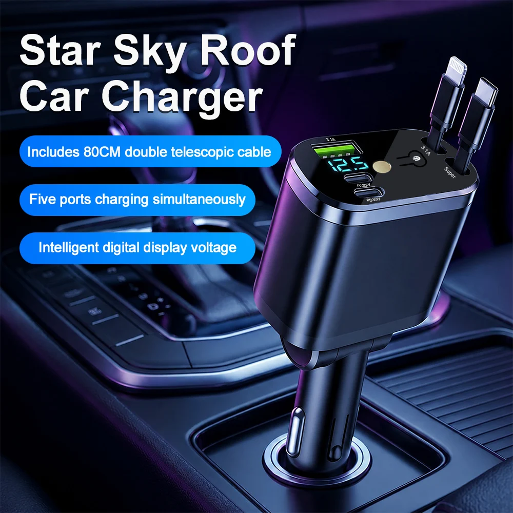 120W Super Fast Car Charger Digital Display 5 in 1 With Retractable Cable 2 Type C Ports Car Charger Adapter Compatible