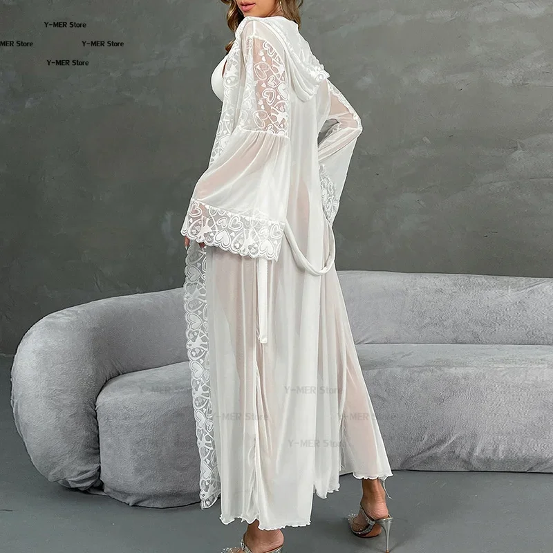 

Luxury Mesh Hooded Long Robe Kimono Bathrobe Gown Spring Summer New Female Sleepwear Night Dress Loose Satin Homewear Nightgown