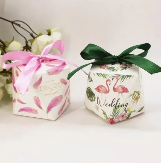 

100pcs New European green style Flamingo Candy Boxes with ribbon bowknots Wedding Favors Party Gift Box paper package