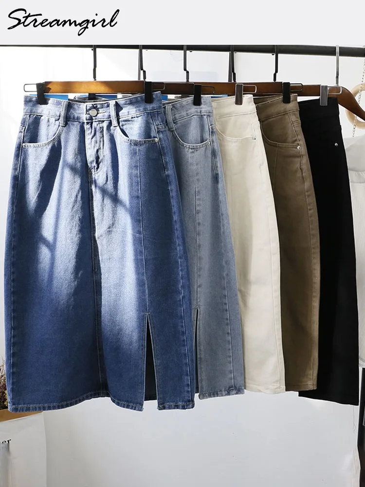 Verão denim saia midi das mulheres khaki coreano moda saias longas para as mulheres saia divisão lado jeans verão saia jeans feminino denim longo