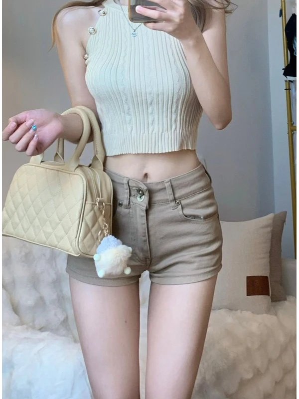 High Waist American Style Hot Girl Khaki Denim Shorts Women Summer Double Button Tight Fitting Hot Pants Ultra Short Pants