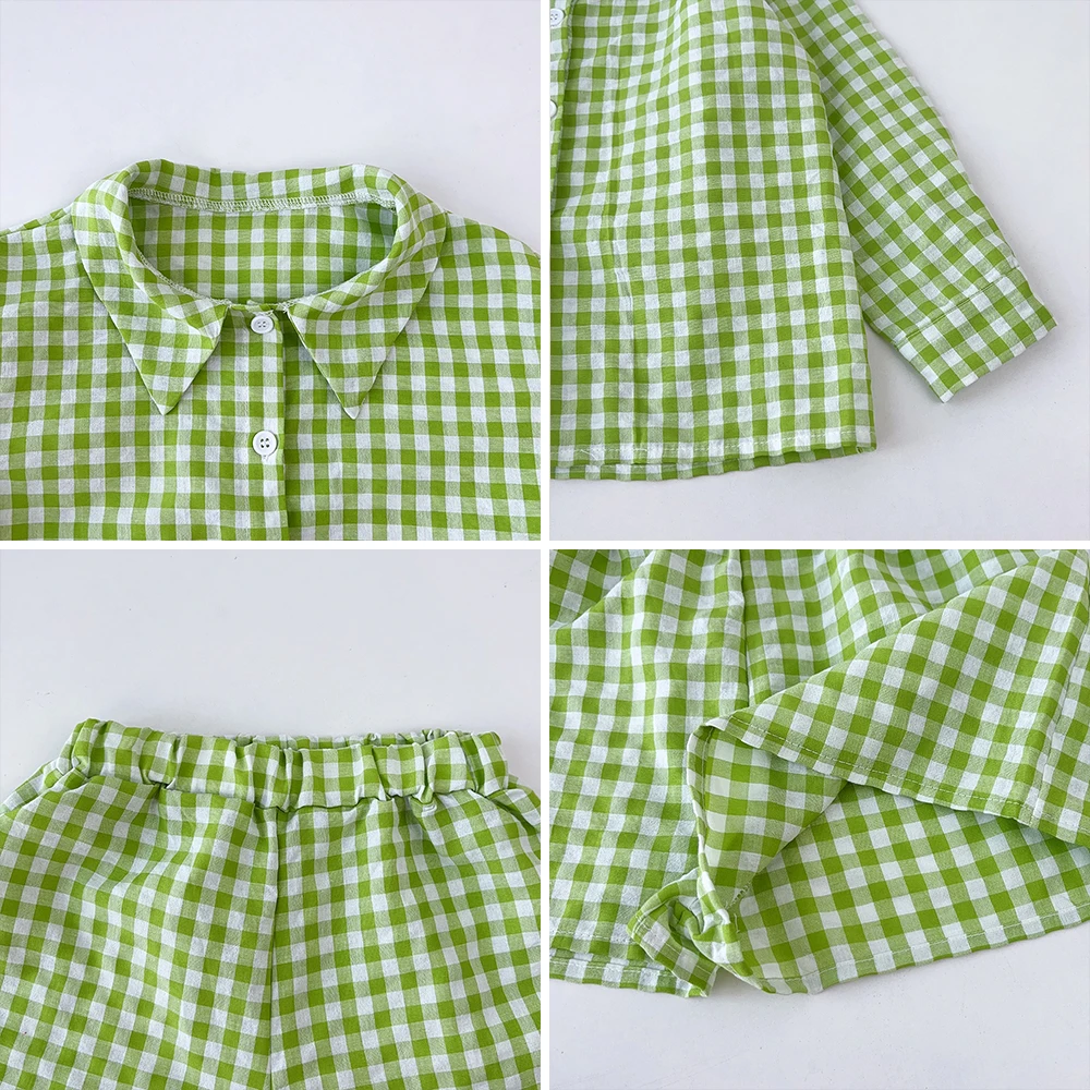 Bear Leader Summer Girls\' Green Checkered Suit Long Sleeved Shirt+vest+elastic Shorts 3-piece Sets Children\'s Clothing