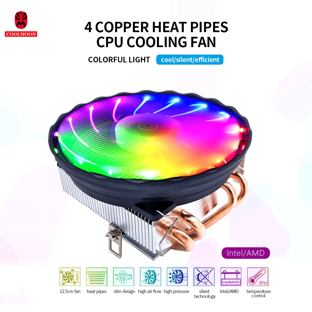 CPU Cooler 4 Copper Heat Pipes 3Pin Colorful Quiet Cooling Fan Replacement for LGA 775 1150 1155 1156 1151 1366 AM2 3 4 FM1 FM2