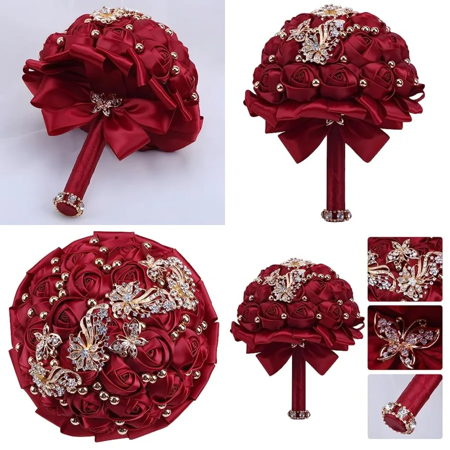 

7 Inch Wedding Bouquet Red Satin Flower Bridal Holding Bridesmaid Button Brooch Artificial Rose Bouquet for Indoor Outdoor Wedd