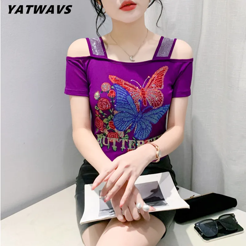 High Quality New Summer Fashion Sexy Off Shoulder Women's T-Shirt Chic Butterfly Hot Diamonds Tees Female Elastic Mesh Slim Tops