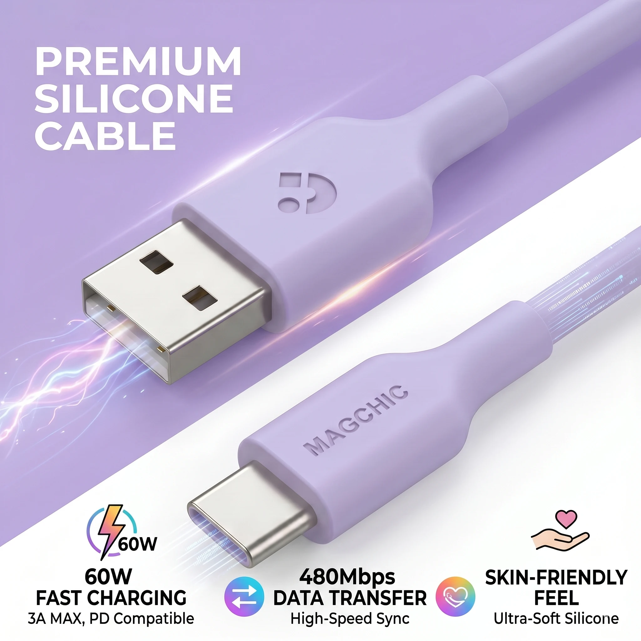 Cabo USB Tipo C de Silicone Amigável à Pele, USB A para C, Carregamento Rápido e Transferência de Dados para iPhone 17/16/15, Samsung Galaxy S25/S24/S23