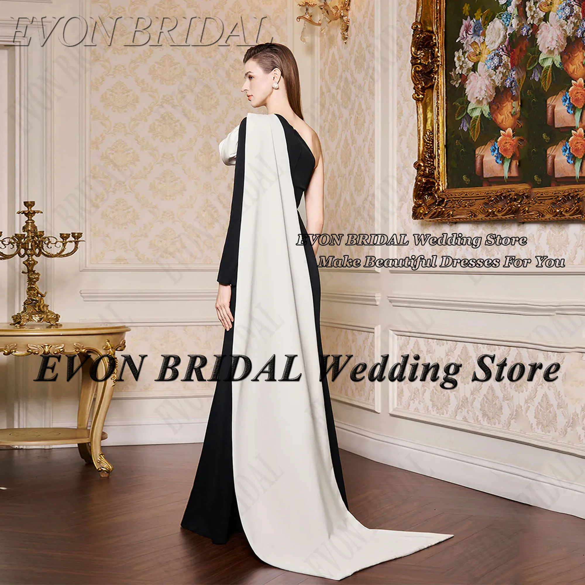 EVON BRIDAL Black And White Evening Dress Long Sleeves 3D Flowers Mermaid Prom Gowns Contrast Color Satin V-Neck Saudi Women